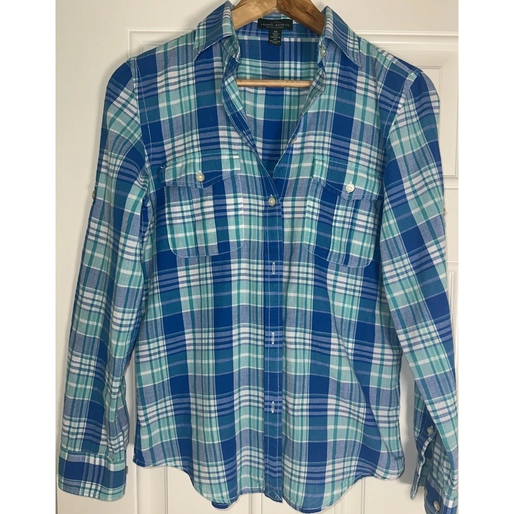 Ralph Lauren Jeans Co Blue Plaid Button Up Shirt XS Preppy Coastal Airy Beachy
